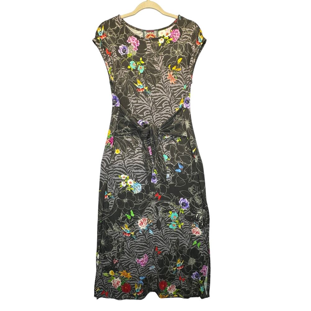 Johnny Was Zippy Floral Midi Dress Tie Waist Boho Cotton Grey Multicolor Size XS - Picture 3 of 10